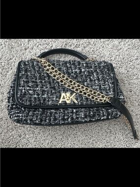 Anne Klein Black White Tweed Logo Crossbody Bag Gold Chain Strap